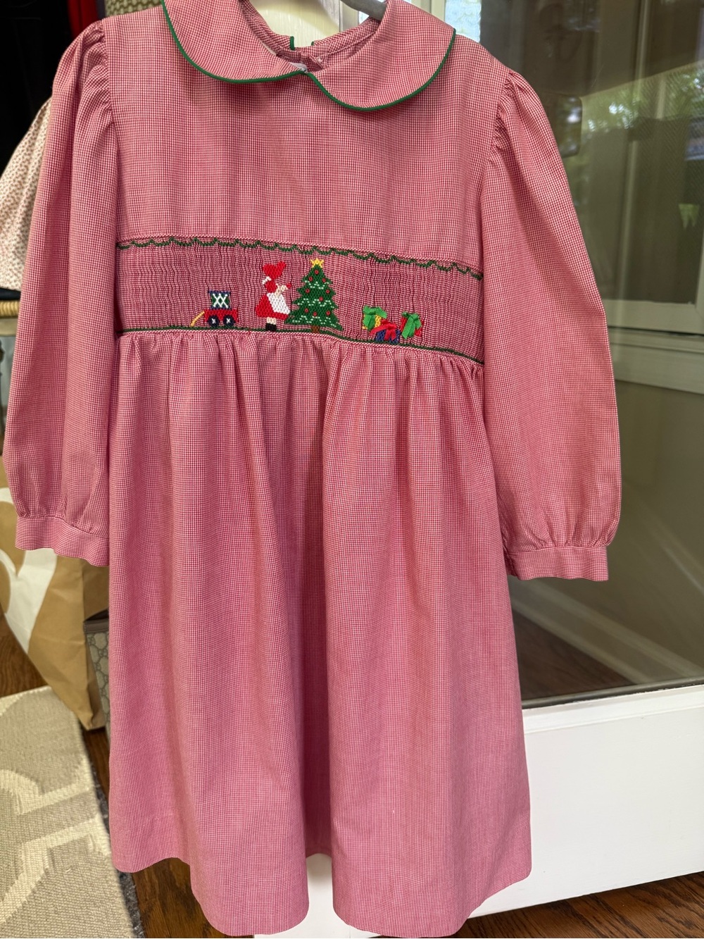 SILLY GOOSE VINTAGE Red Gingham Dress w/  Green & Christmas Theme. TIMELESS GUC